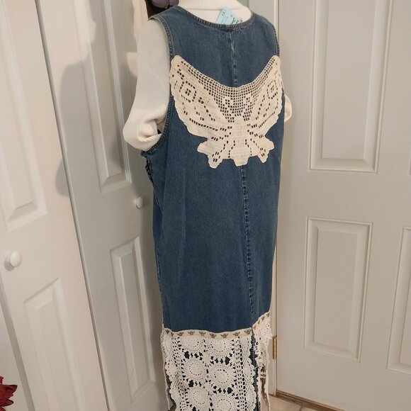 3645 Size 1XL Upcycled Denim Jumper by Sunshine Apparel with Lace Trim. - Picture 5 of 15